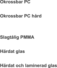 Okrossbar PC  Okrossbar PC hård   Slagtålig PMMA  Härdat glas  Härdat och laminerad glas