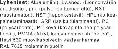 Lyhenteet: AL/alumiini), Lv.anod. (luonnonväriin  anodisoitu), pm. (pulveripolttomaalattu), RST  (ruostumaton), HST (haponkestävä), HPL (korkea- painelaminaatti), GRP (lasikuitulaminaatti), PC  (polycarbonat), PC kova (kovapintainen polycar- bonat), PMMA (Akryl, kansanomaisesti “pleksi”),  Hewi 539 muovikuppivedin vaaleanharmaa  RAL 7035 molemmin puolin