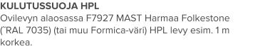 KULUTUSSUOJA HPL Ovilevyn alaosassa F7927 MAST Harmaa Folkestone (˜RAL 7035) (tai muu Formica-väri) HPL levy esim. 1 m korkea.