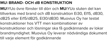 MUi BRAND- OCH dB KONSTRUKTION MUiYUo övre fönster till dörr och MUiYUo sluten del kan tillverkas med brand och dB konstruktion Ei30, El15, dB30, dB25 eller Ei15/dB25, El30/dB30. Muovius Oy har testat konstruktioner hos VTT men kombinationer av konstruktioner och lösningar ska få godkännande av lokar brandmyndighet. Muovius Oy leverar nödvändiga dokument till varje element för godkännande