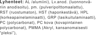 Lyhenteet: AL /alumiini), Lv.anod. (luonnonvä- riin anodisoitu), pm. (pulveripolttomaalattu),  RST (ruostumaton), HST (haponkestävä), HPL  (korkeapainelaminaatti), GRP (lasikuitulaminaatti), PC (polycarbonat), PC kova (kovapintainen  polycarbonat), PMMA (Akryl, kansanomaisesti  “pleksi”),